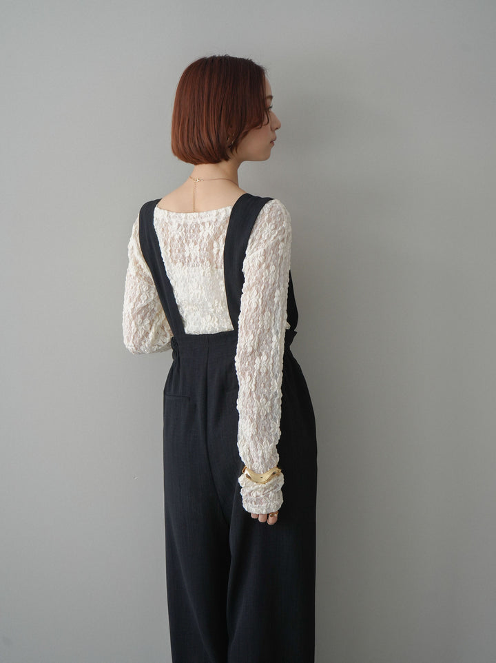 [SET]サイドギャザーレーストップス+シボ加工ハイウエストタックサロペット(2set)