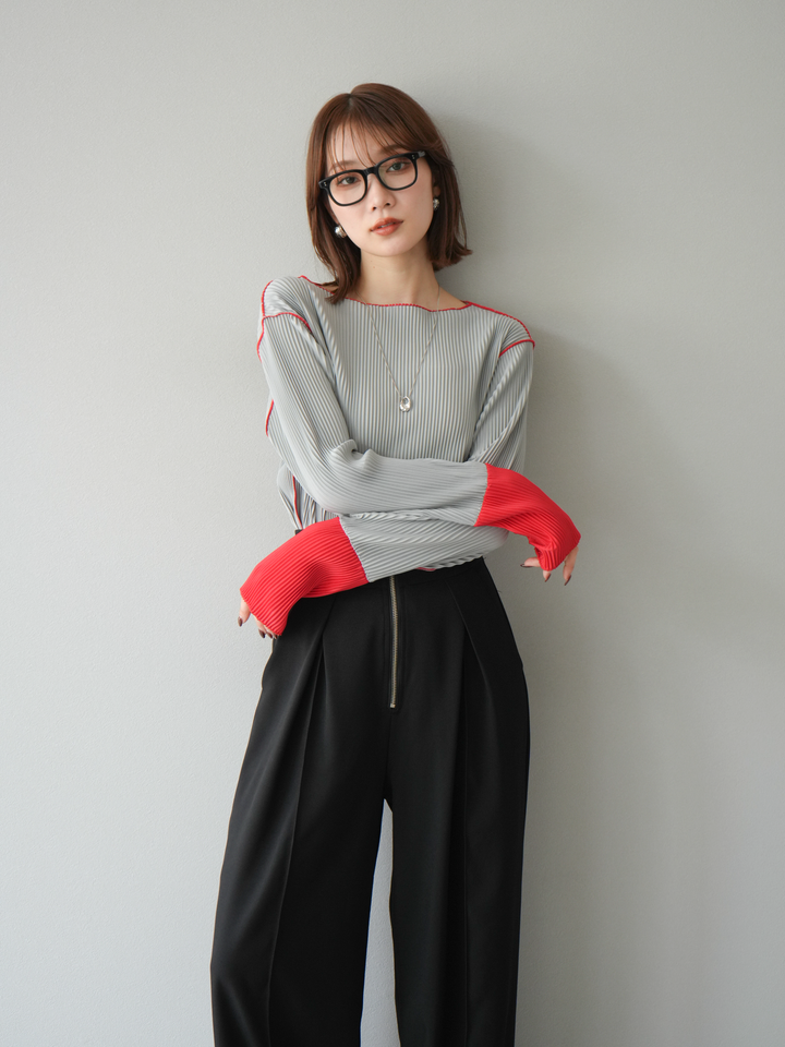 [予約]バイカラープリーツトップス/グレー