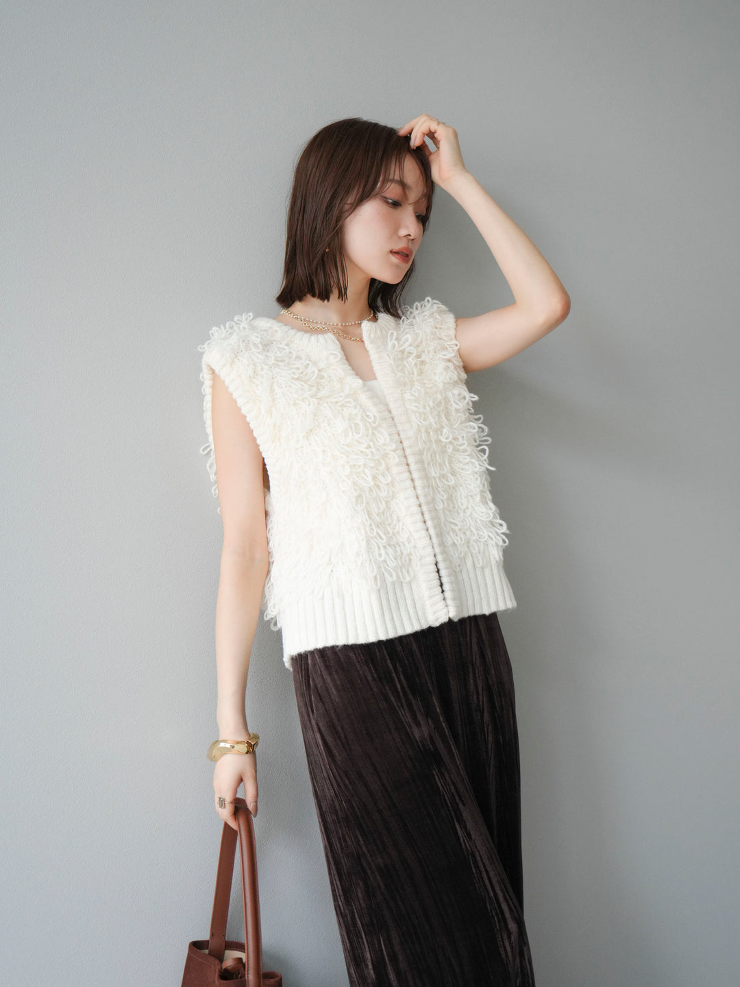 [SET]レザー襟オンブレチェックオーバーシャツ +ループデザインホックベスト +クラッシュベロアナロースカート(3set)