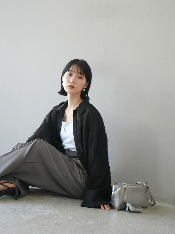 【預購】薄紗對接透視條紋大袖口oversized襯衫/黑色