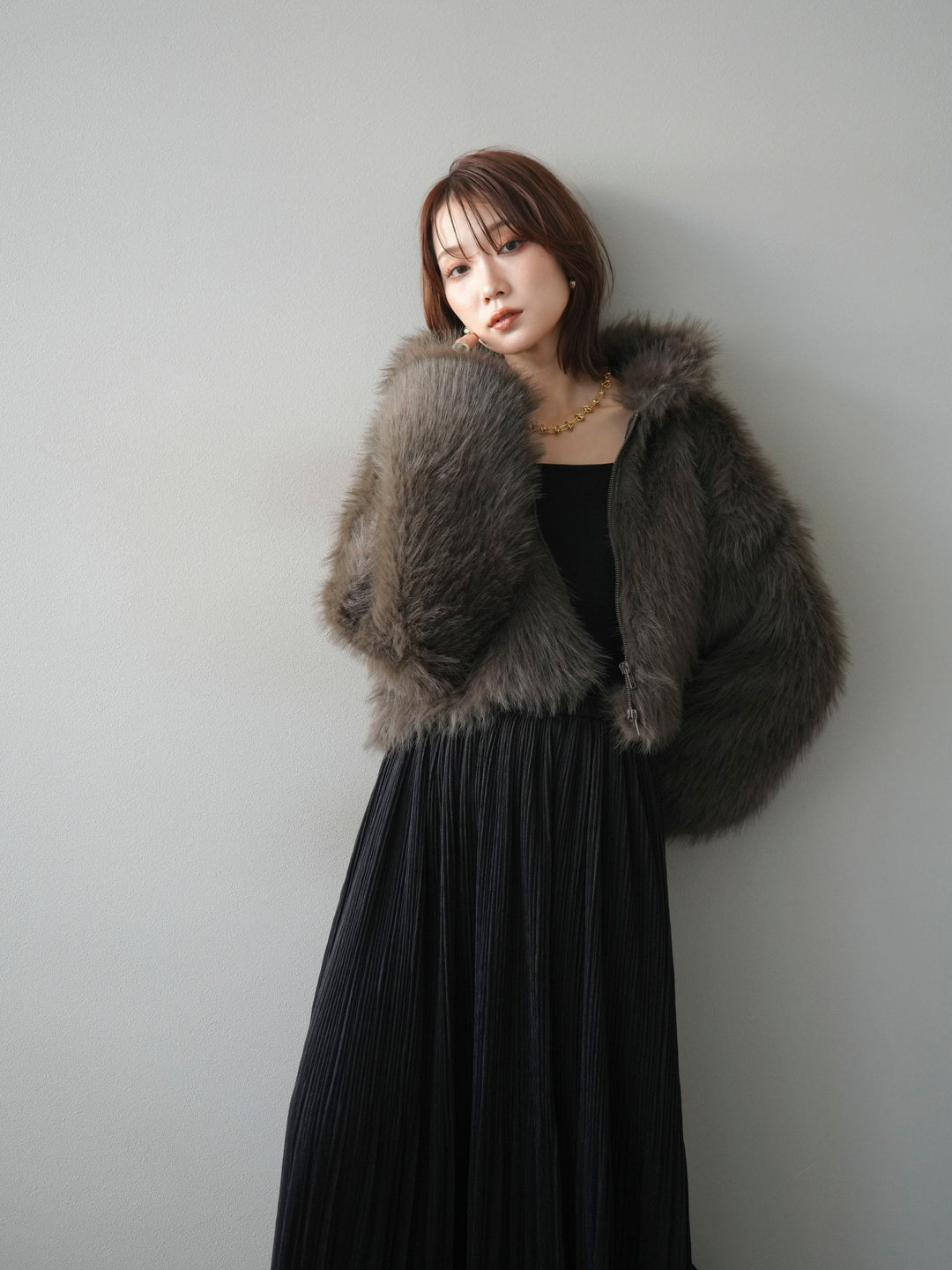 [予約]フェイクファーショートZIPジャケット/brown