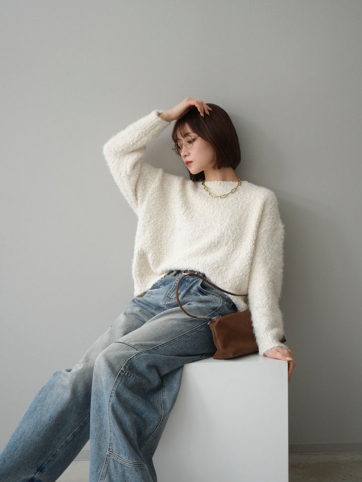 [SET]モールラメミックスヤーンニットプルオーバー+ベルト付カーブデニムパンツ(2set)