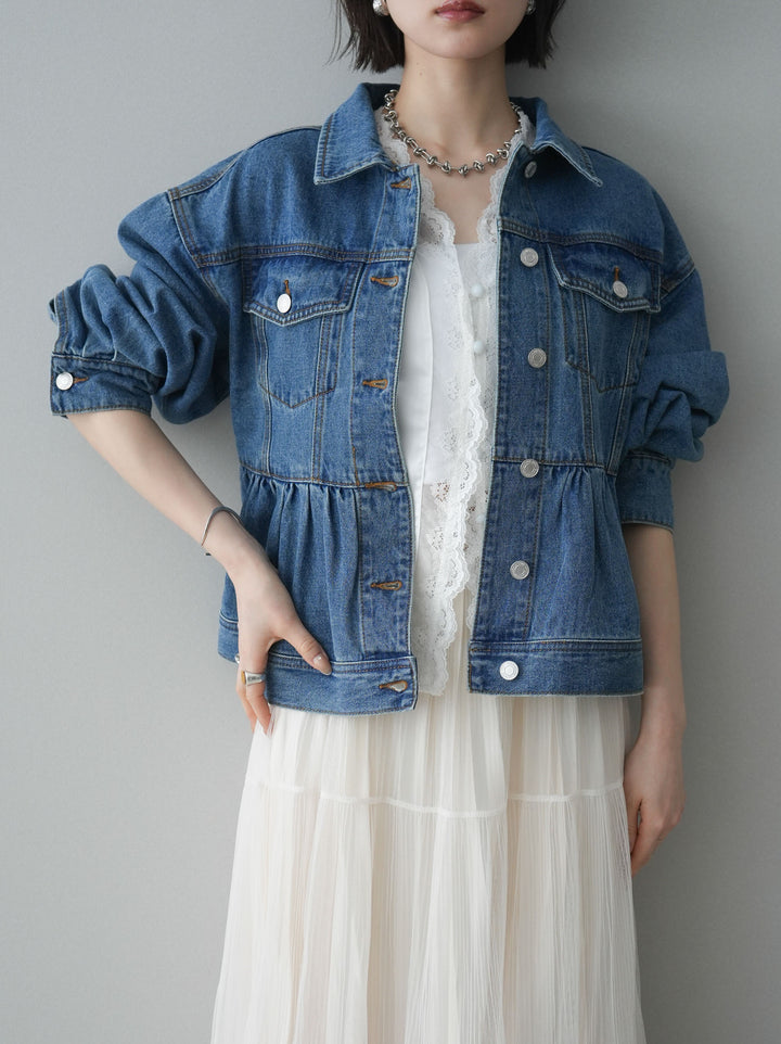 【套裝】荷葉邊牛仔外套+無袖緞面蕾絲吊帶背心+亮片褶皺多層薄紗長裙（三件套）