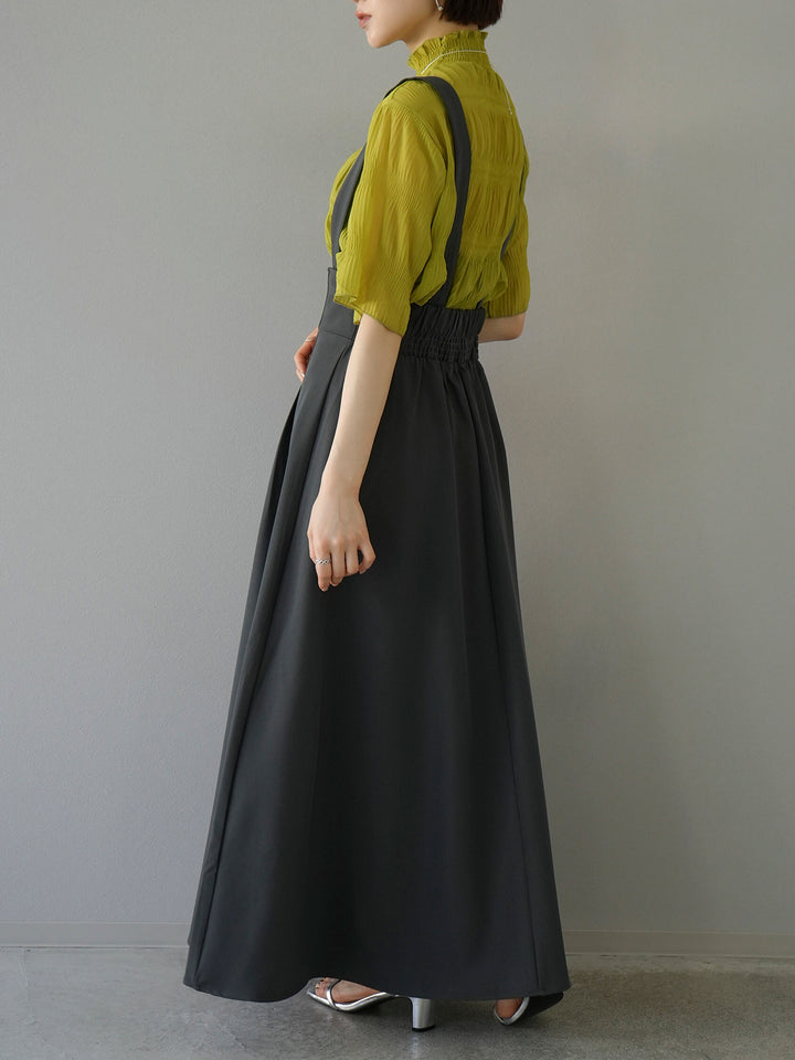 [SET] Shirring chiffon half sleeve blouse + 2WAY flare jumper skirt (2set)