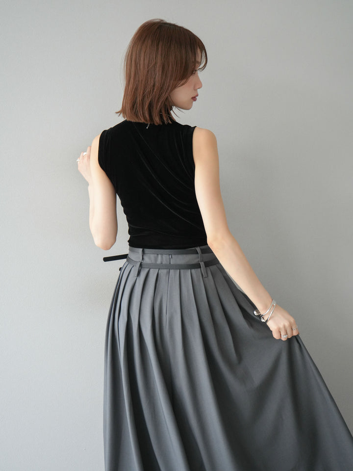 [SET]シアーベロアプチネックノースリーブトップス+エステルプリーツスリットスカート(2set)