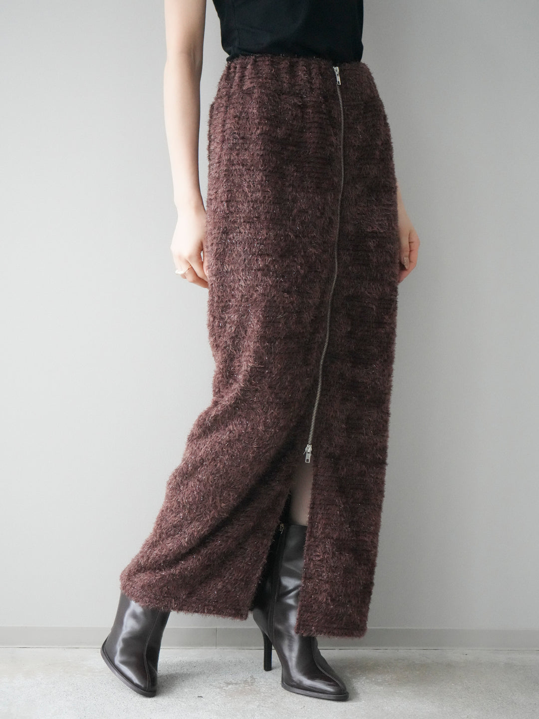 [予約]ラメシャギーフロントジップスカート/brown