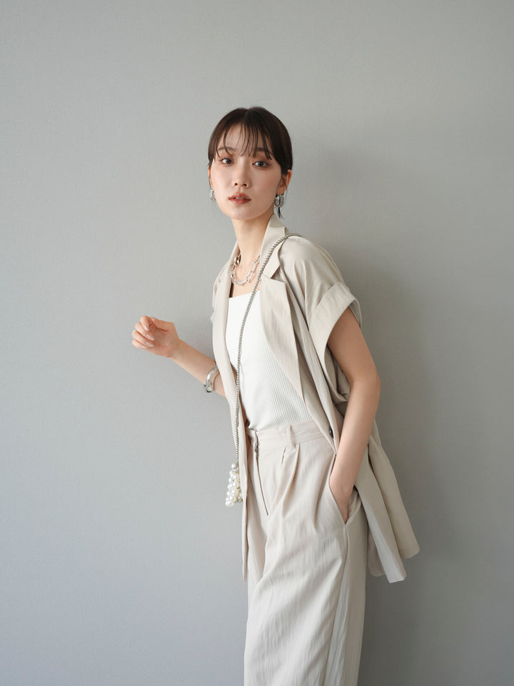 [套裝] 亞麻風格無袖雙背心 + 雙肩帶剪裁羅紋胸罩吊帶背心（2 件套）