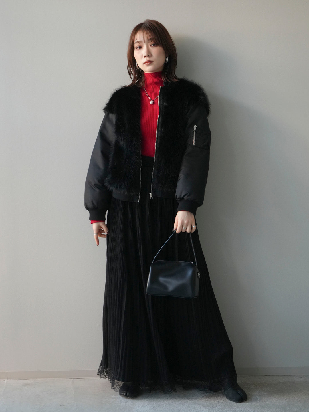 [SET]ファードッキングMA-1+袖ボタンボトルネックリブニットトップス+裾レーススウェードプリーツマキシスカート(3set)