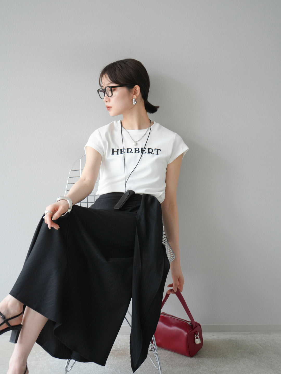 [SET]刺繍ロゴTシャツ＆レザーポーチネックレスSET +サイド巻きツイルスカート(2set)