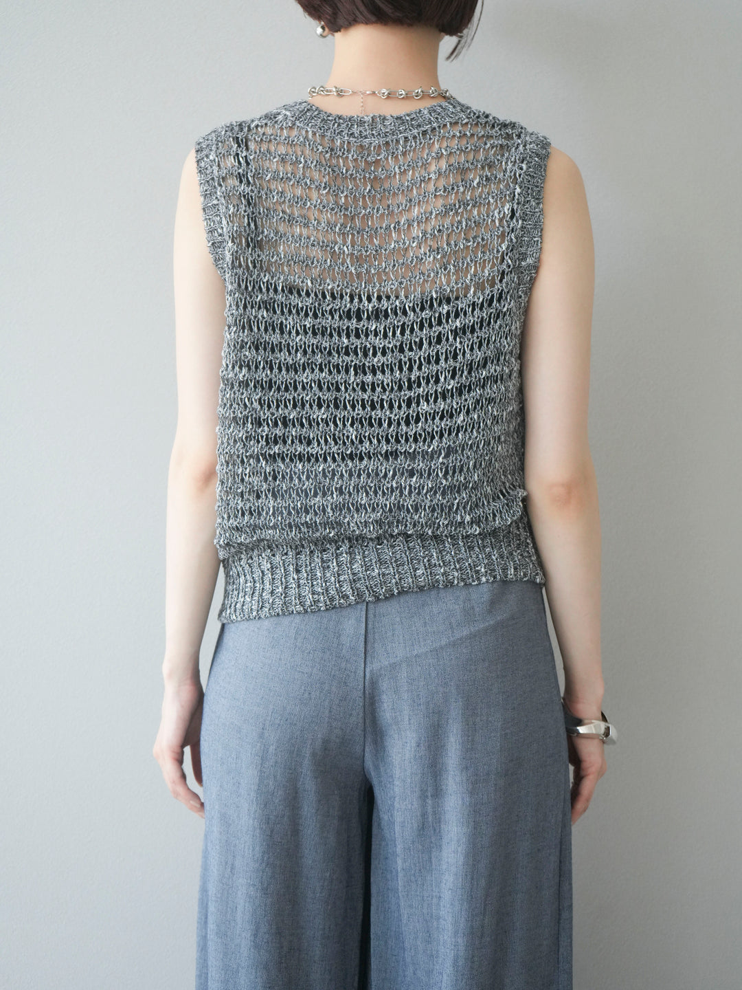[予約]ミックスヤーン透かし編みニットタンクトップ/ブラック