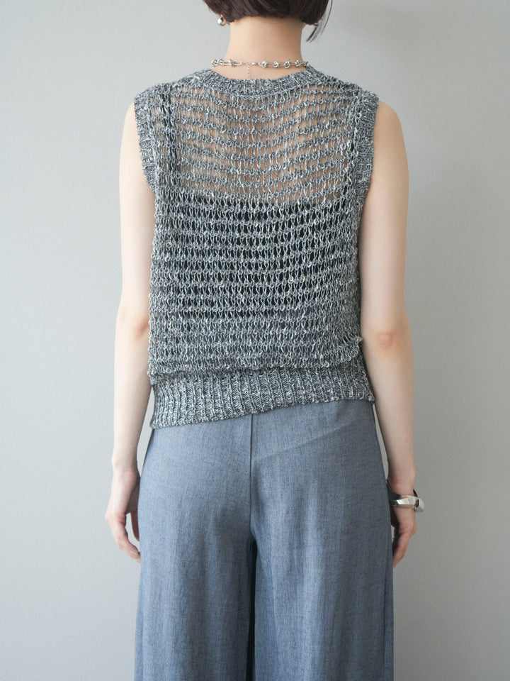 [予約]ミックスヤーン透かし編みニットタンクトップ/ブラック
