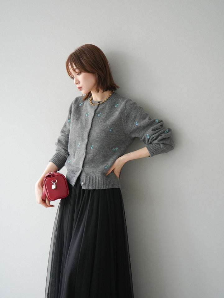 [SET]フラワー刺繍ニットカーディガン+チュールボリュームスカート(2set)