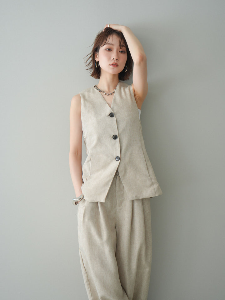[SET]リネンライクバックオープンジレ+リネンライクタックワイドパンツ(2set)