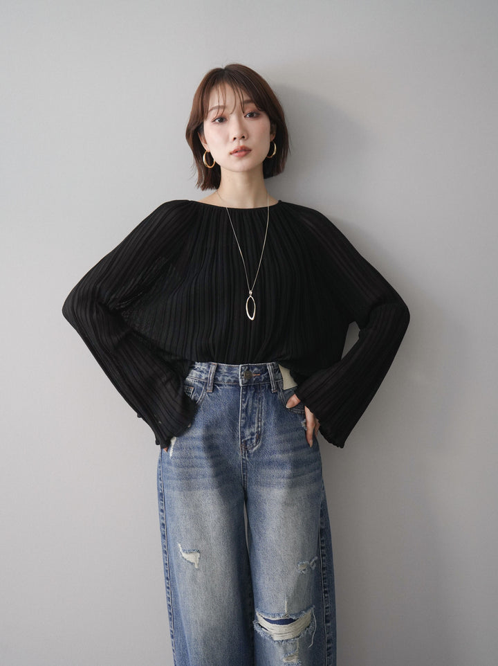 [SET]プリーツシアーフレアスリーブニットトップス+ダメージデニムセミワイドパンツ(2set)