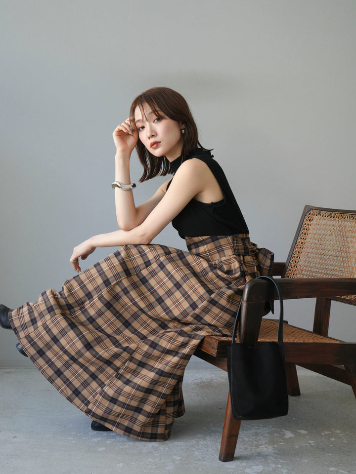 [SET]テレコ×チェックドッキングノースリワンピース+選べるアクセセット(2set)