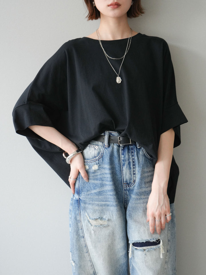 [SET]ドルマンワイドフレアトップス+ダメージカーブワイドデニムパンツ(2set)