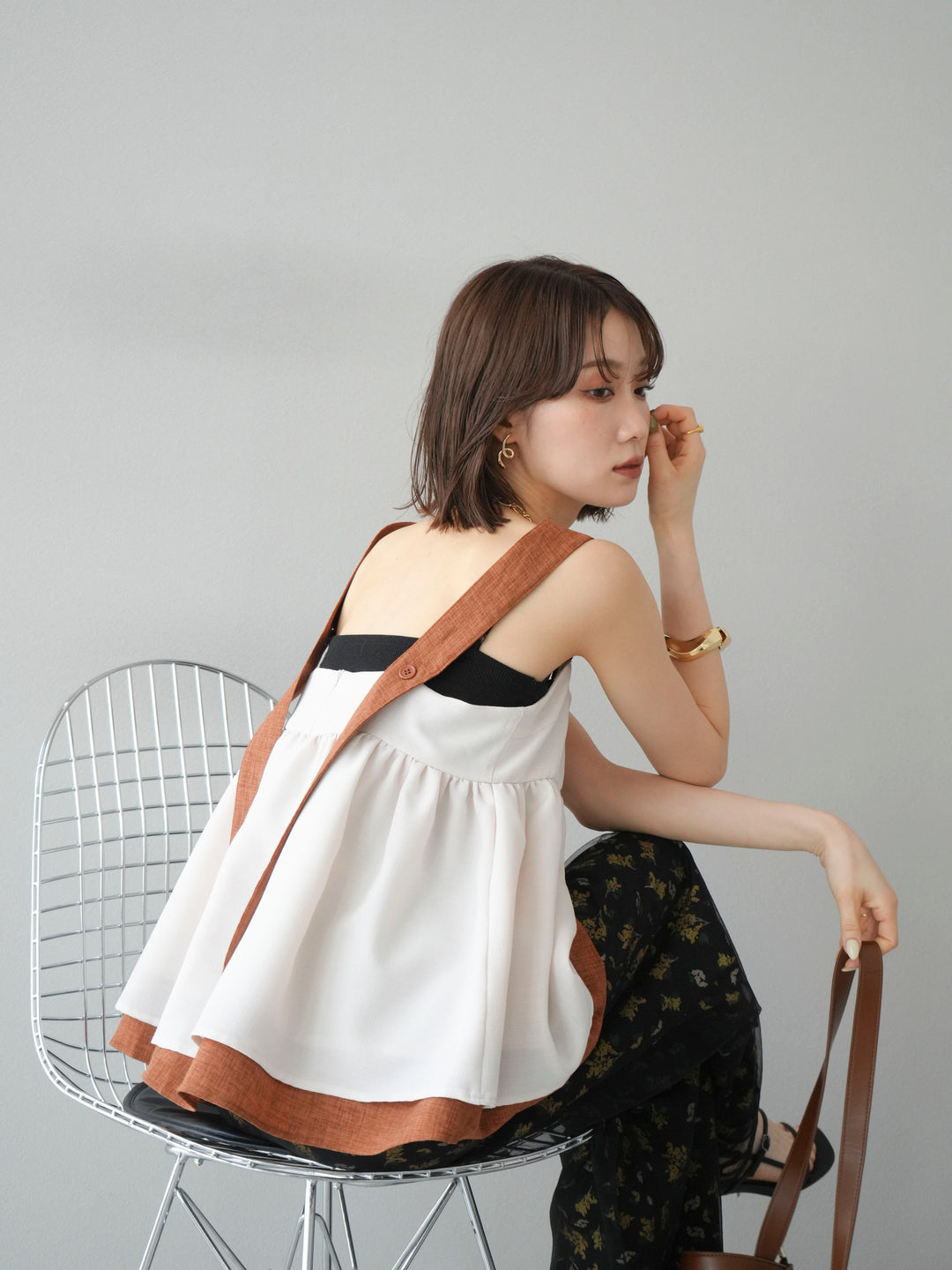 [SET]コード刺繍チュールレイヤードパンツ+ブーケプリントタックパンツ(2set)