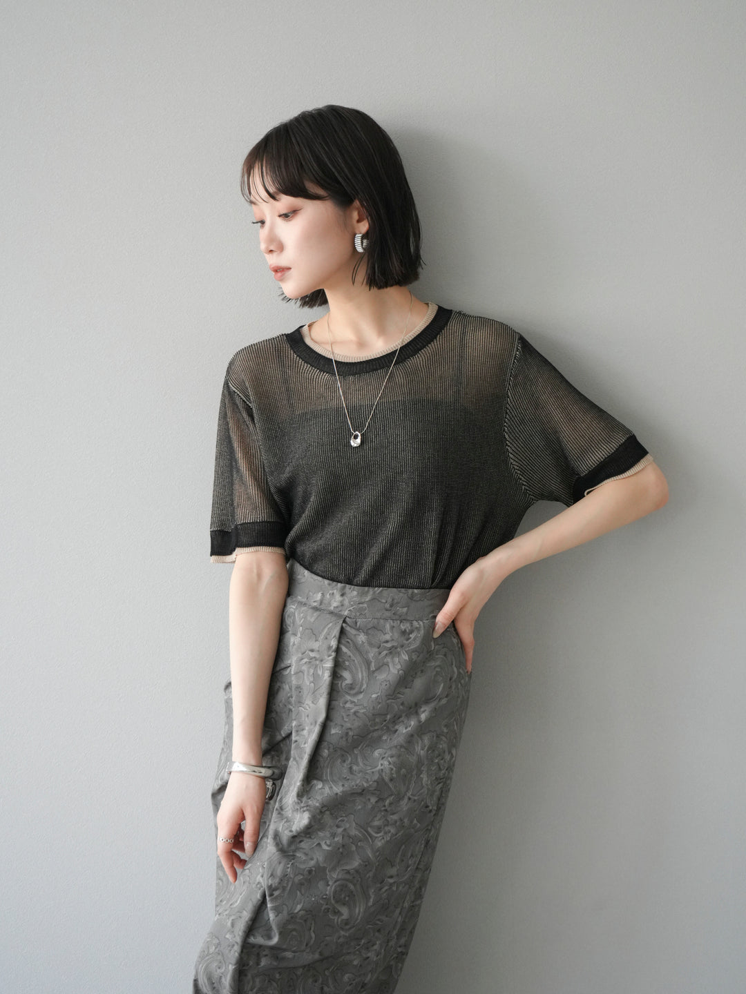 [SET]リネンタッチ配色二重臼ハーフニットトップス+選べるアソート柄スカートセット(2set)