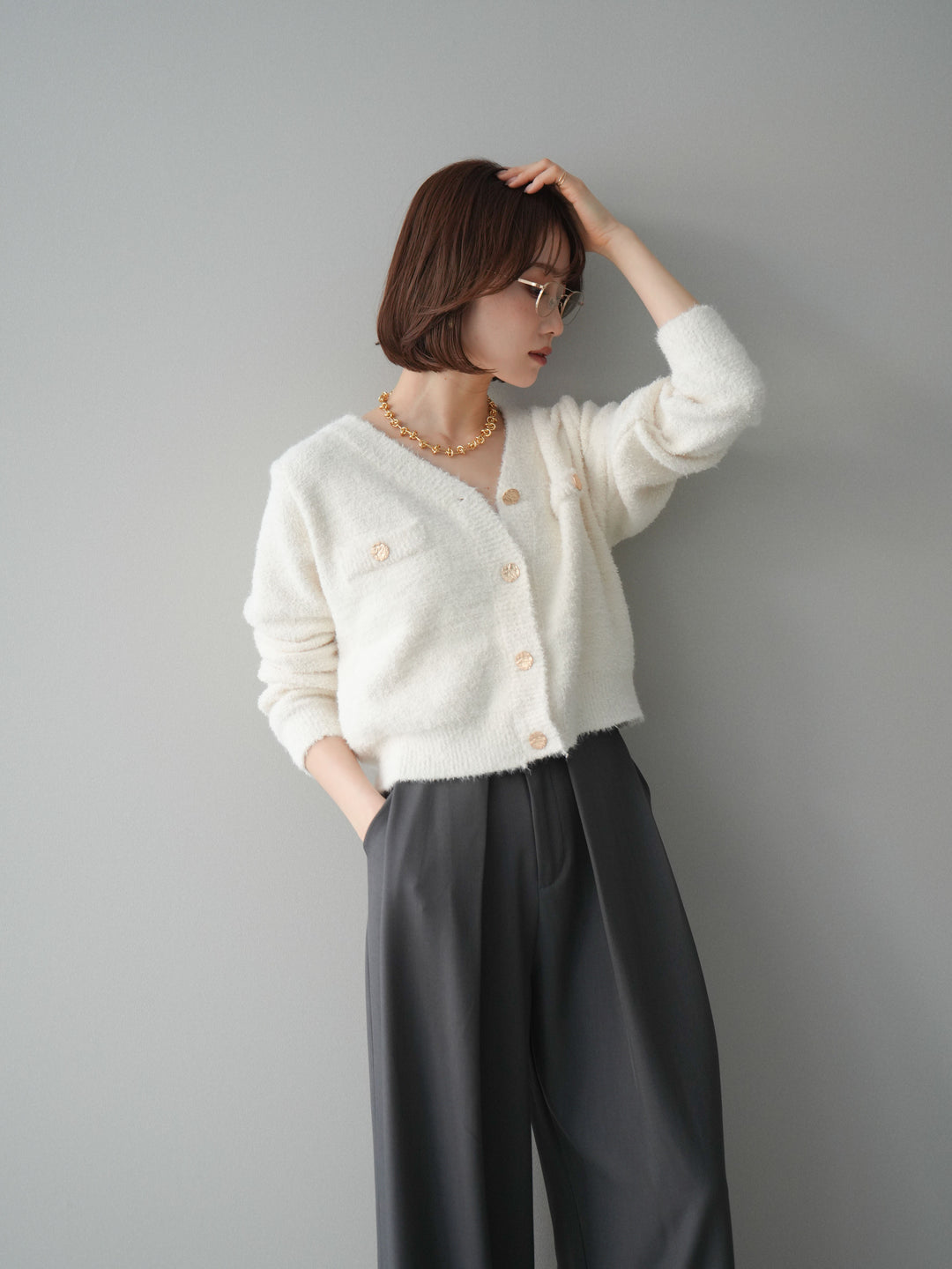 [SET]ゴールドボタンモールニットカーディガン+ベルトループデザインワイドパンツ(2set)