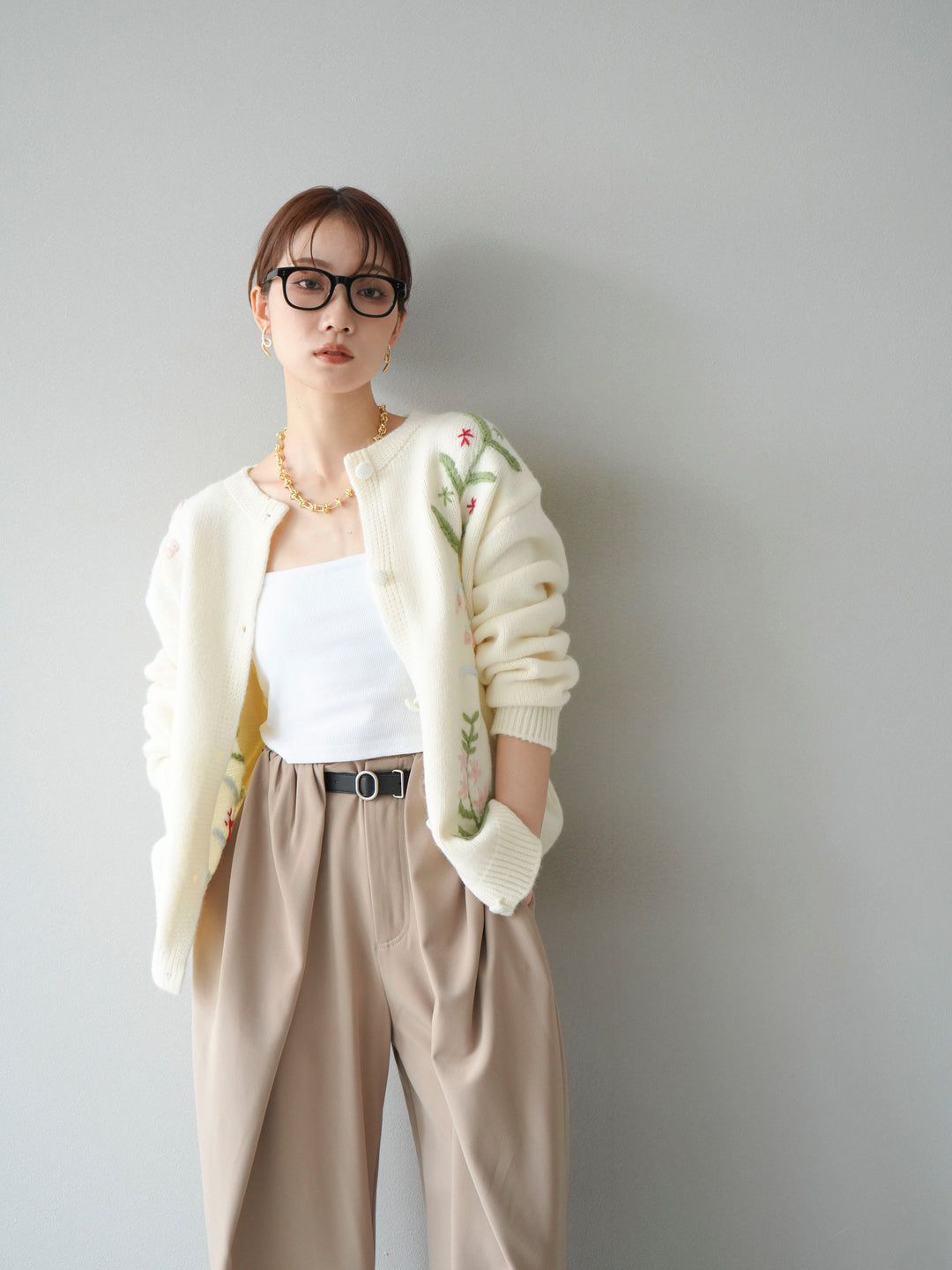 [SET]フラワー刺繍ニットカーディガン+ベルト付タックワイドパンツ(2set)