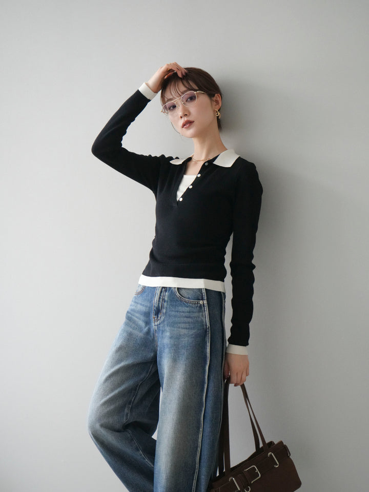 [予約]レイヤード配色ポロニットトップス/black