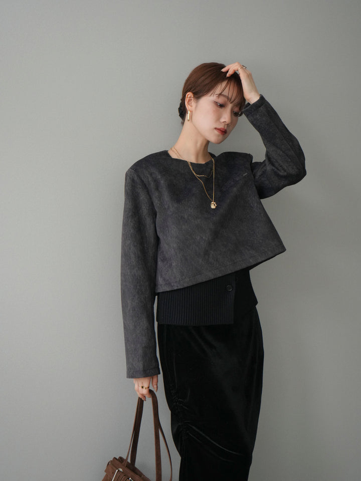 [予約]リブニットレイヤードスエードプルオーバー/charcoal