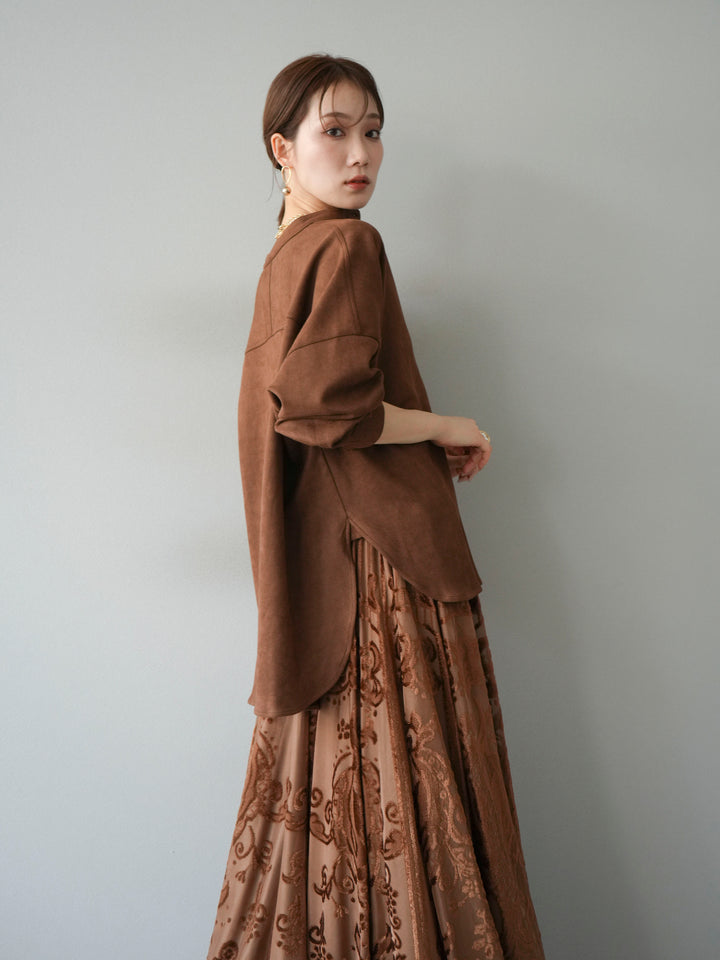 [SET]スエードバンドカラーオーバーシャツ+アンティーク柄フロッキーマキシスカート(2set)
