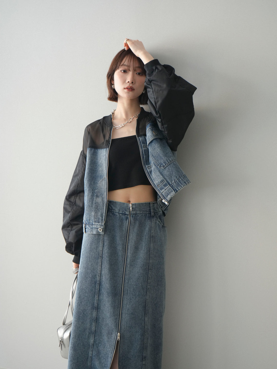 [SET]異素材デニムブルゾン+フロントジップデニムスカート(2set)