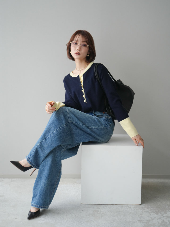 [予約]ヘンリーネック配色ニットソー/navy