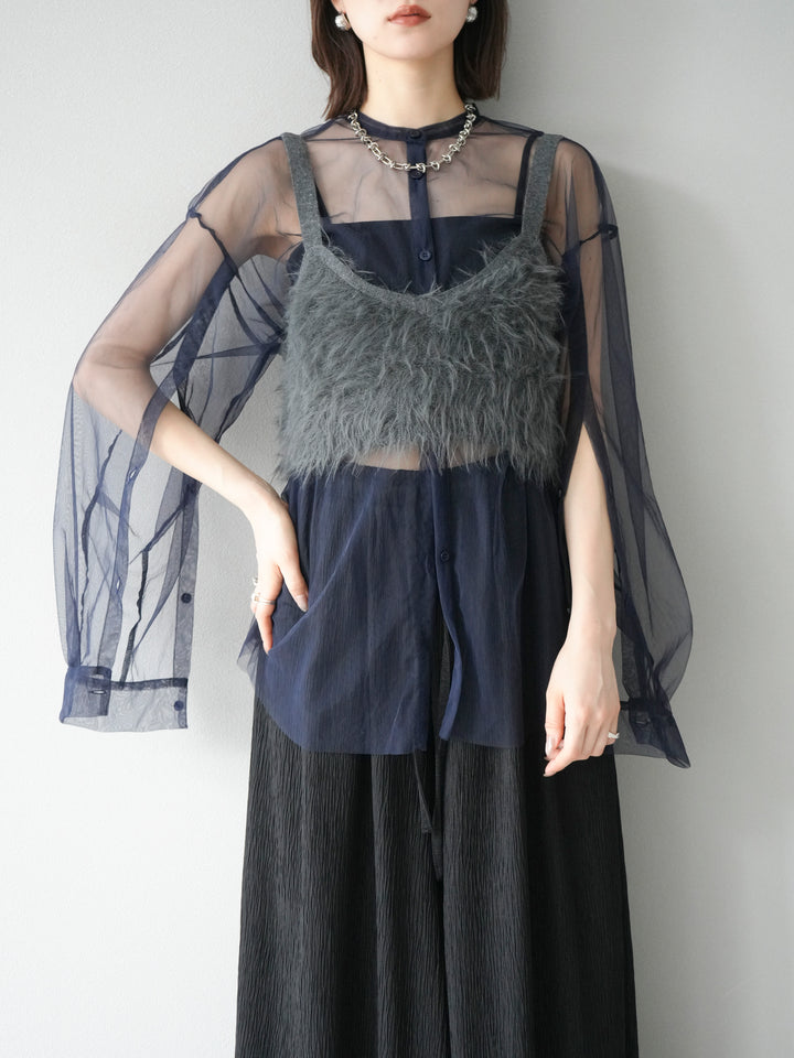 [予約]2WAYスリーブチュールシャツ/ネイビー