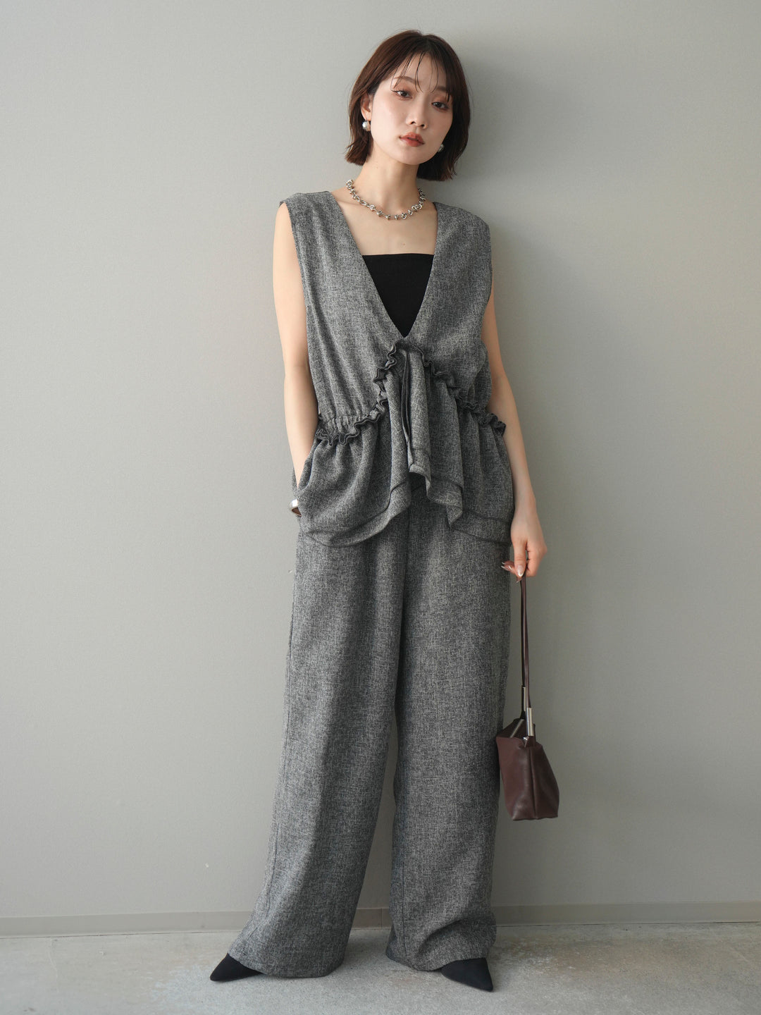 [SET]3WAYミックスツイードギャザーオールインワン+選べるアクセセット(2set)