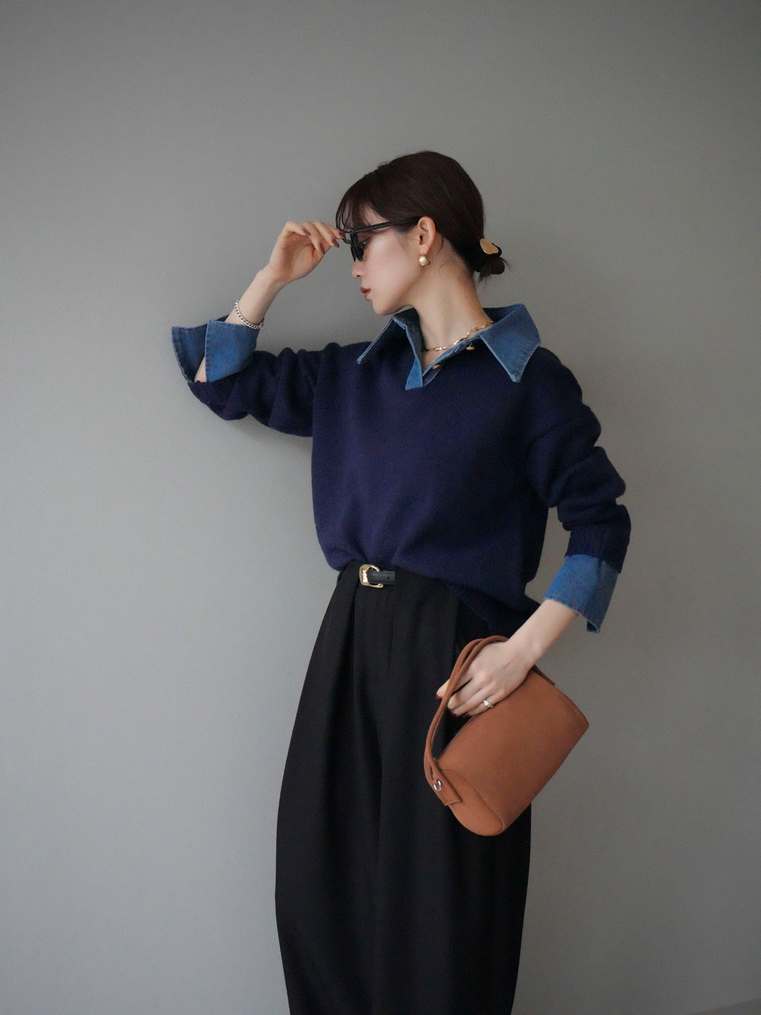 【預購】牛仔領polo針織套頭衫/藏青色