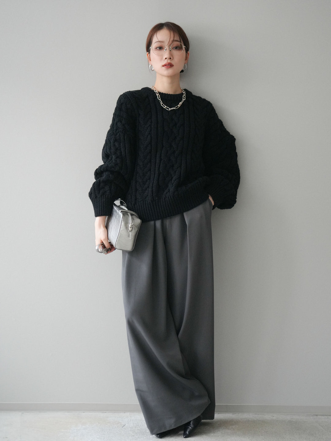 [SET]ボリュームケーブルニットプルオーバー+ベルトループデザインワイドパンツ(2set)