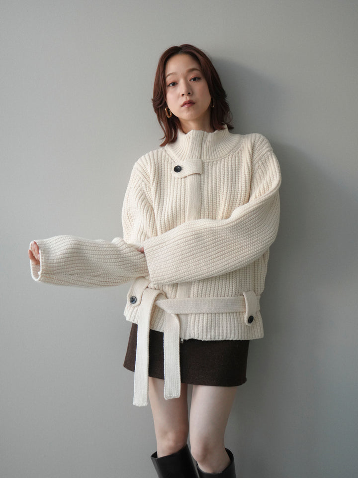 [予約]畦編みボトルネックZIPニットカーディガン/white