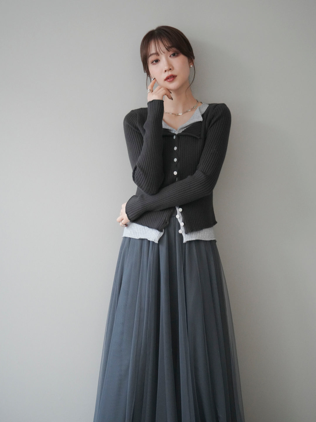 [予約]配色レイヤードリブニットカーディガン/charcoal