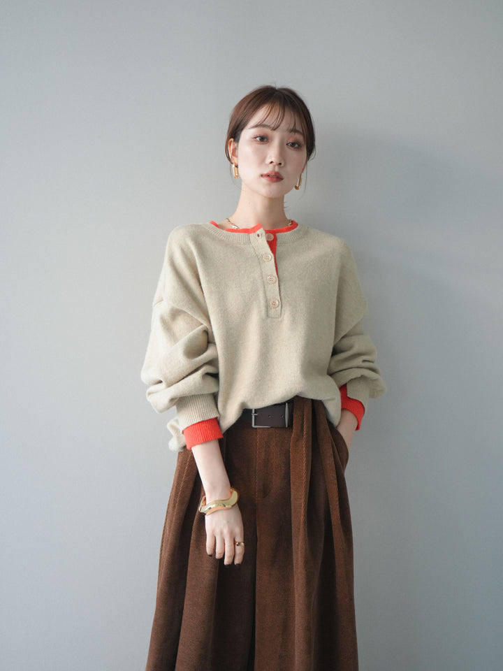 [予約]ヘンリーネック配色レイヤードニットプルオーバー/beige