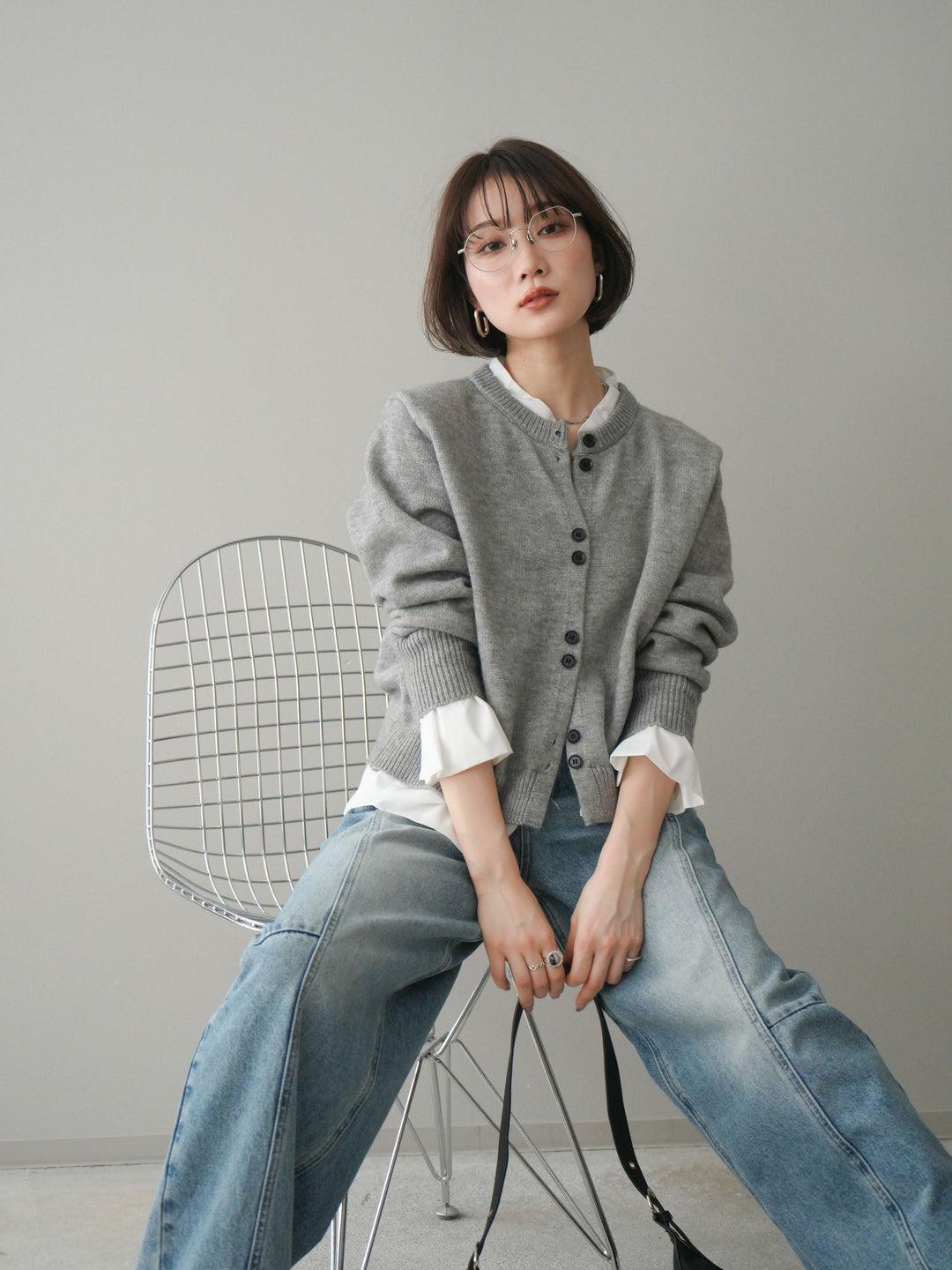 [SET]布帛ドッキングニットカーディガン+ガーメントウォッシュカーブデニムパンツ(2set)