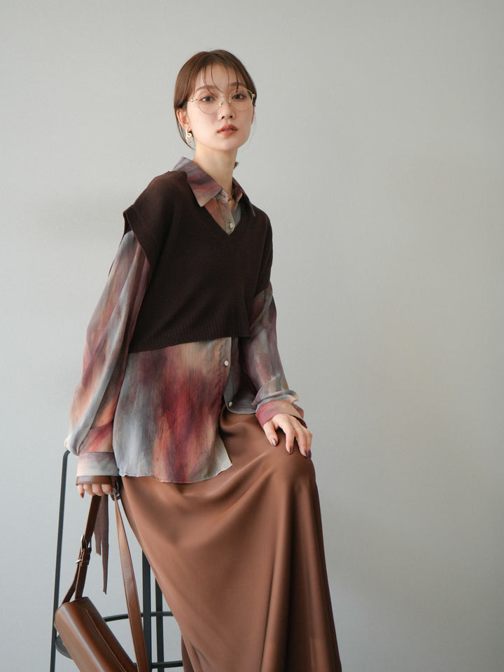 [予約]サイドリボンVネックショートニットベスト/ブラウン
