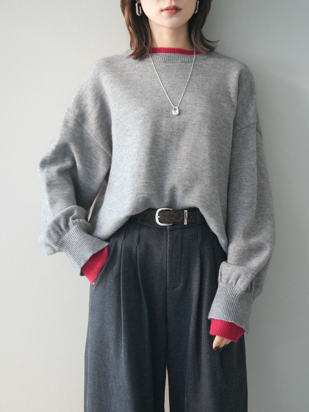 [予約]ヘンリーネック配色レイヤードニットプルオーバー/middlegray