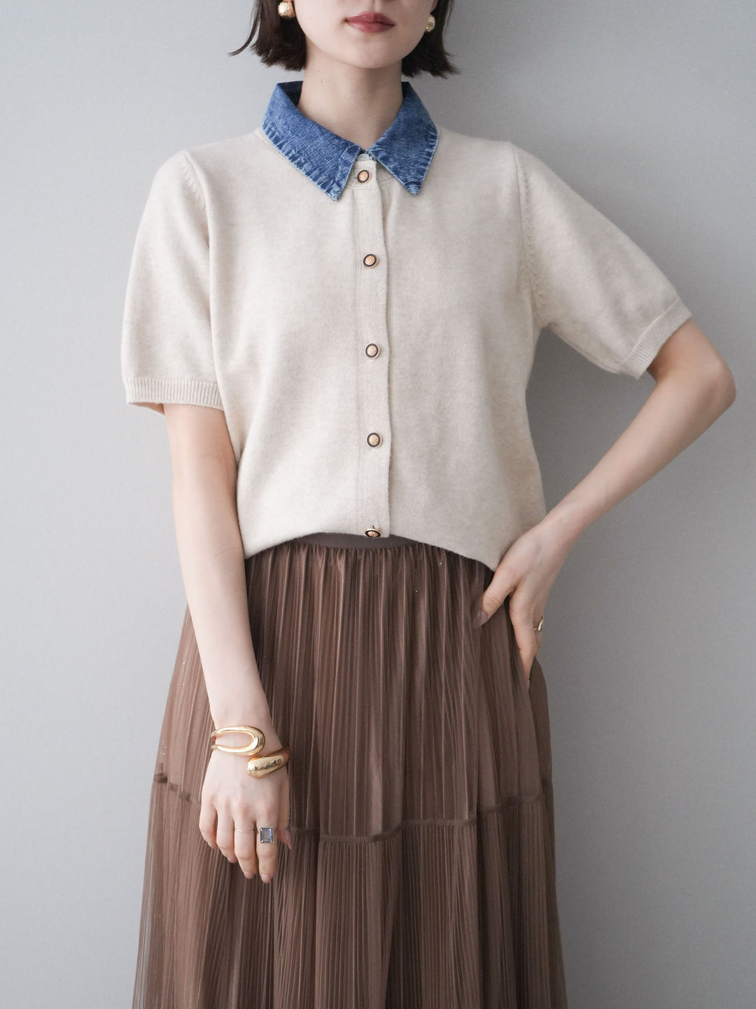 [予約]デニム襟ボタンハーフスリーブニットプルオーバー/beige