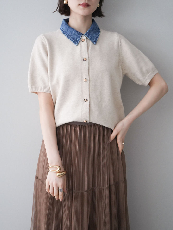 [予約]デニム襟ボタンハーフスリーブニットプルオーバー/beige