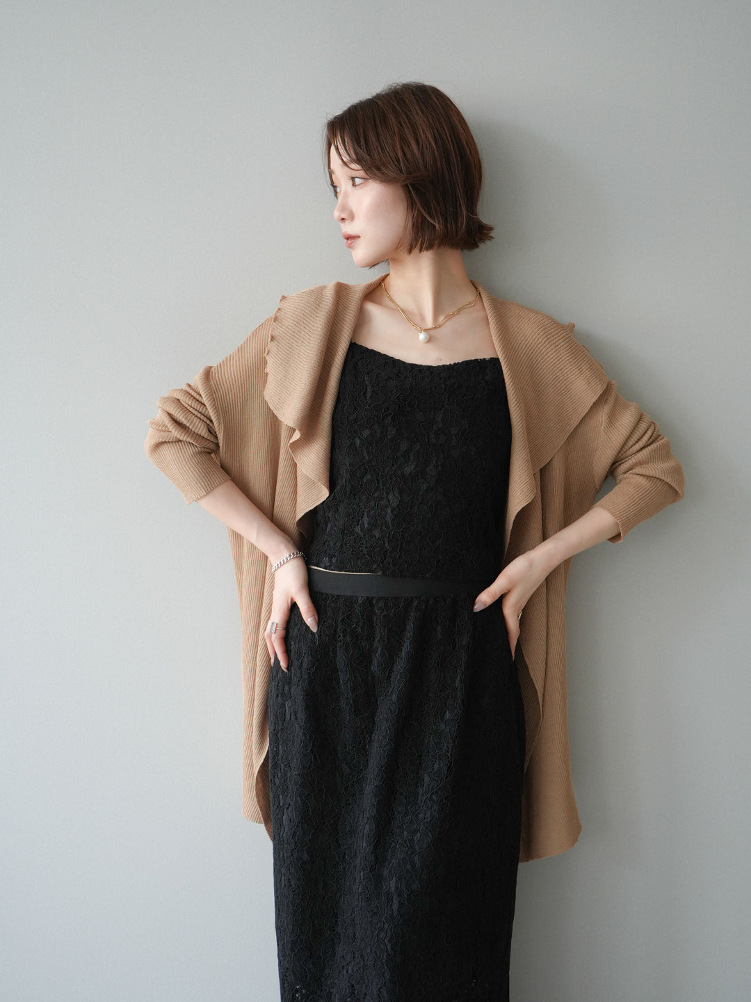 [SET]ドレープリブニットガウン+フルレースキャミ＆IラインスカートSET UP(2set)