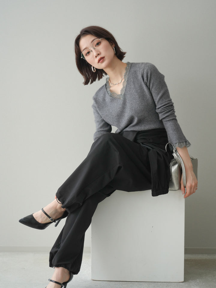 [SET]レースドッキングVネックニットトップス+レースドッキングVネックニットトップス(2set)