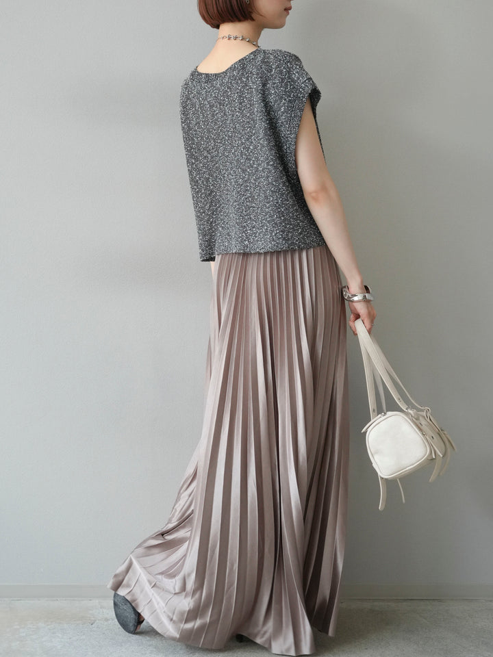 [SET]ネップヤーンクロップドニットベスト+サテンプリーツマキシスカート(2set)