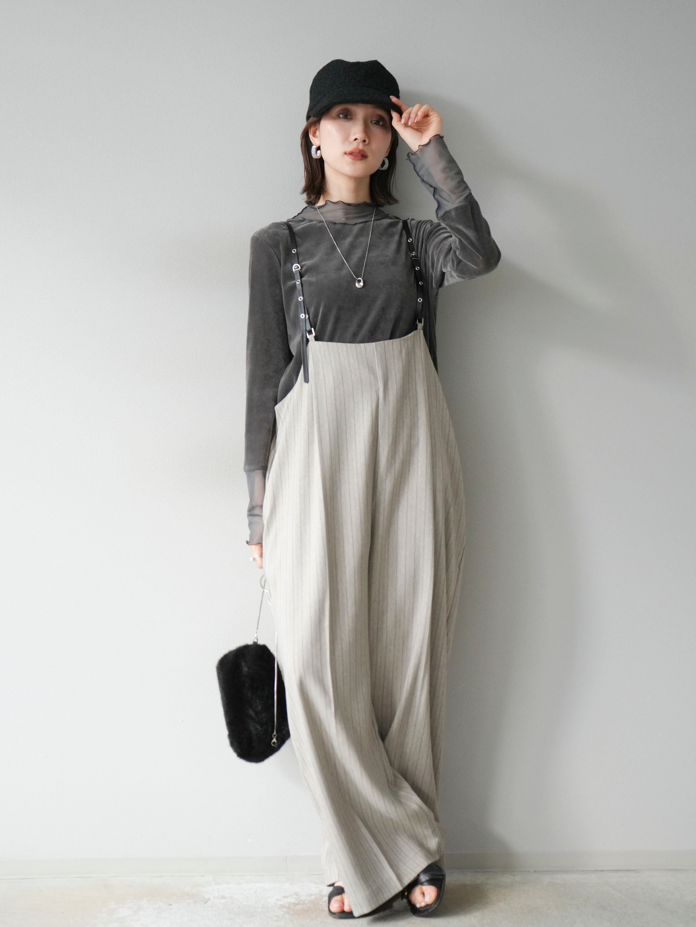 SET]ヘリンボーンストライプサロペット+シアー切替ベロアトップス(2set