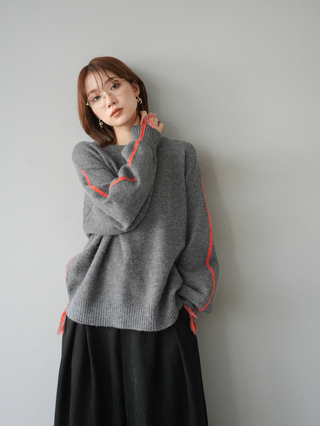 [SET]配色ステッチフリンジニットプルオーバー +スウェードタックワイドパンツ(2set)