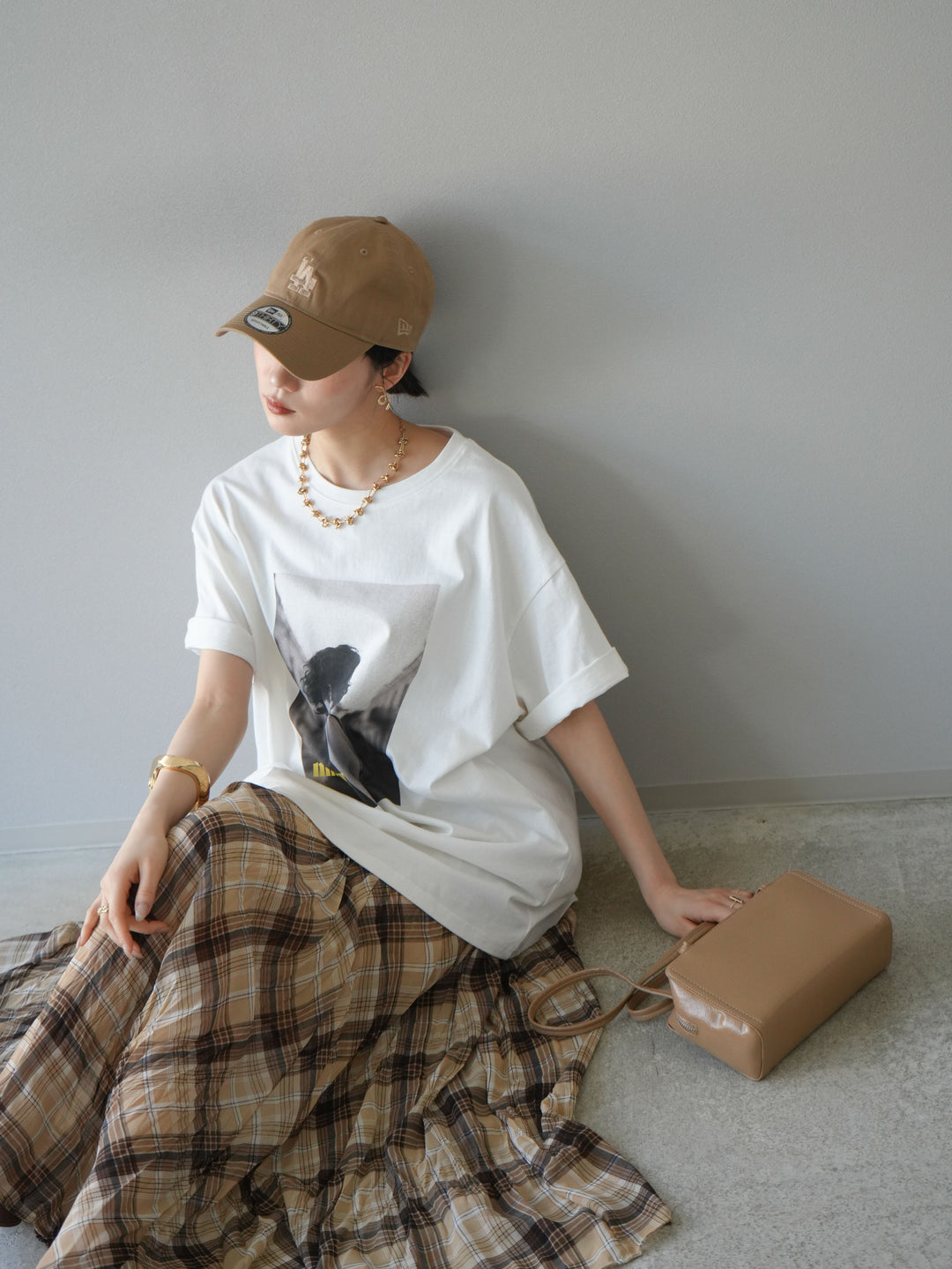 [SET]ネオンロゴフォトプリントBIG Tシャツ+シアーチェックアシンメトリーワッシャースカート(2set)