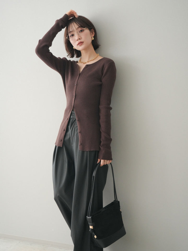 [予約]前後2WAYリブ編みクルーネックカーディガン/darkbrown