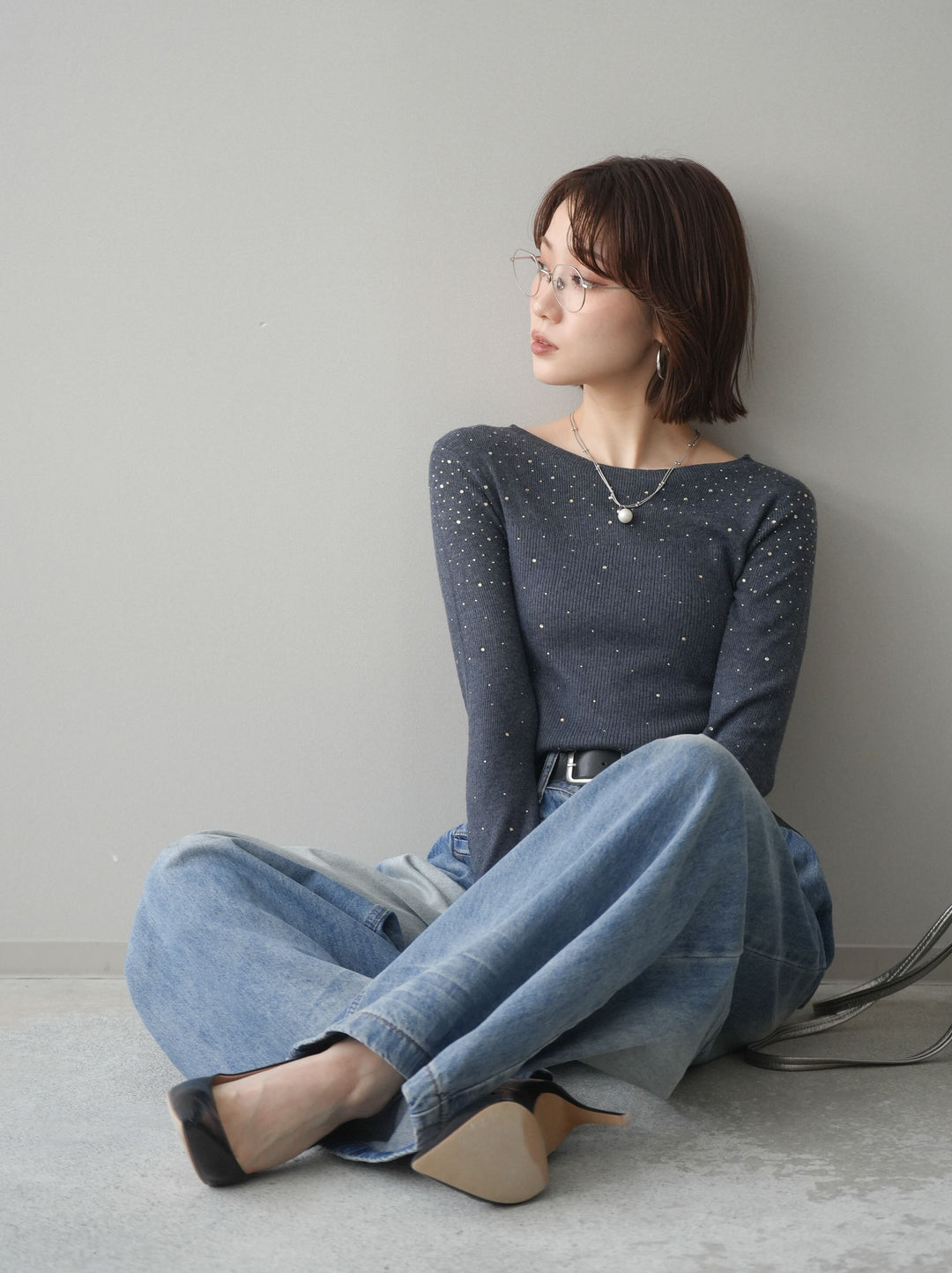 [SET]スパンコールシアーニットトップス+スパンコールシアーニットトップス(2set)