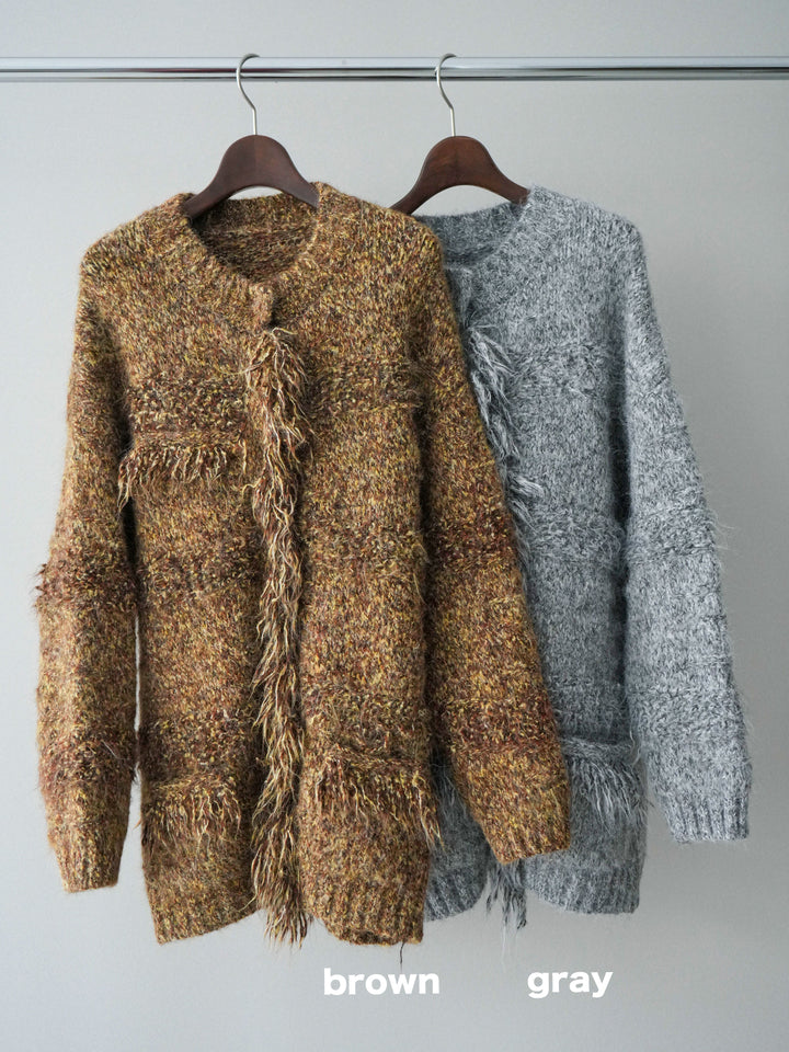 [SET]ミックスヤーンフリンジデザインニットジャケット+ベルト付きフロントタックワイドパンツ(2set)